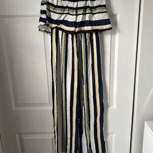 Striped Wide-Leg Women’s Jumpsuit - Navy, White & Yellow